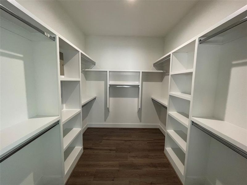 Walk in closet featuring dark wood finished floors