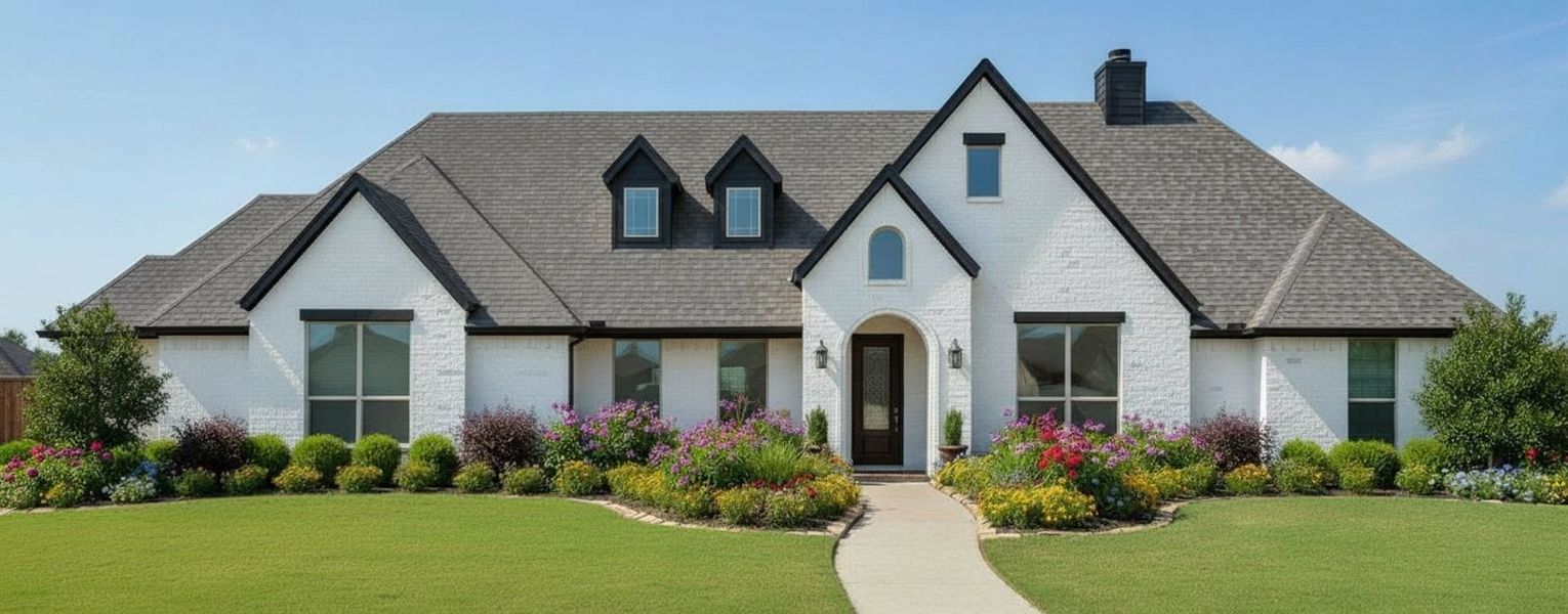 Representative exterior photo of a completed home built from the The Allen by Kenmark Homes in Cotten Creek, Azle, TX (Image 1). Representative exterior photo of a completed home built from the The Allen by Kenmark Homes in Cotten Creek, Azle, TX (Image 1).