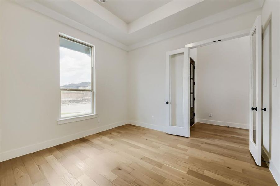 Room featuring wood-finish flooring, a tray ceiling, and a large window with white trim Room featuring wood-finish flooring, a tray ceiling, and a large window with white trim