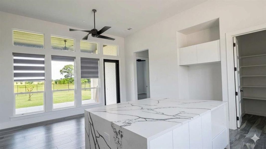 Open-concept room featuring a large kitchen island with a waterfall-edge countertop, extensive window array with roller shades, wood-finish flooring, built-in upper cabinetry, and a walk-in pantry