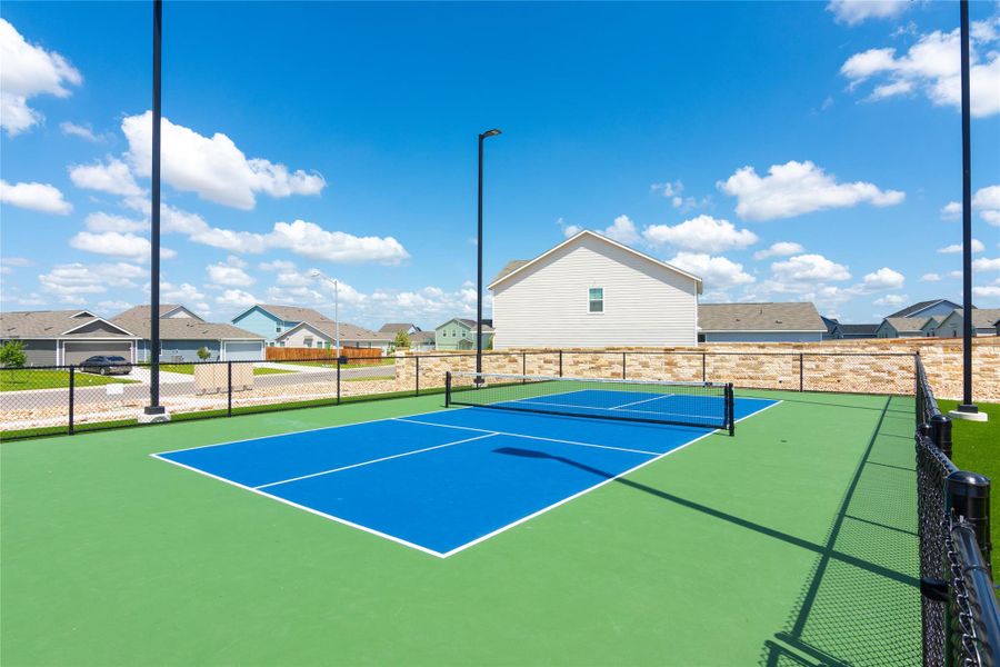 Outdoor recreational court featuring a blue playing surface with green surrounds