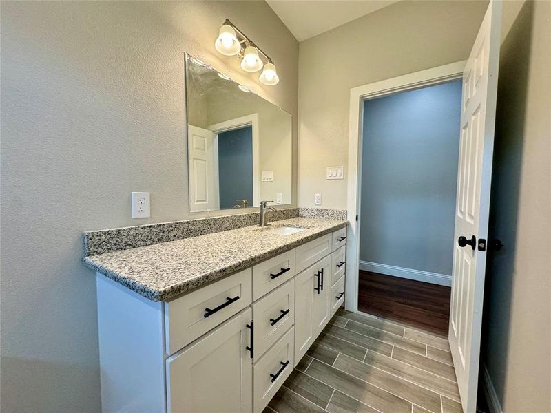 Bathroom with vanity and wood-type flooring