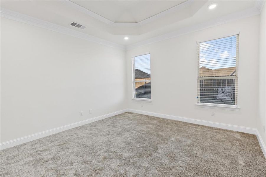 Empty room featuring carpet flooring, visible vents, baseboards, a tray ceiling, and crown molding Empty room featuring carpet flooring, visible vents, baseboards, a tray ceiling, and crown molding