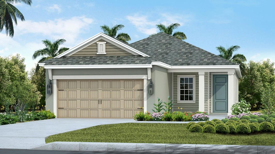 Front exterior of a new home in Canoe Creek Real Estate and Homes for Sale in Parrish, FL - Neal Communities, Parrish, FL, highlighting curb appeal (Image 1). Front exterior of a new home in Canoe Creek Real Estate and Homes for Sale in Parrish, FL - Neal Communities, Parrish, FL, highlighting curb appeal (Image 1).