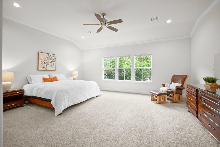 The primary suite is genuinely oversized — vaulted ceiling, plush carpet, crown molding, and a wall of windows looking out to the tree canopy. Two walk-in closets and blackout shades at the back windows round it out. The primary suite is genuinely oversized — vaulted ceiling, plush carpet, crown molding, and a wall of windows looking out to the tree canopy. Two walk-in closets and blackout shades at the back windows round it out.
