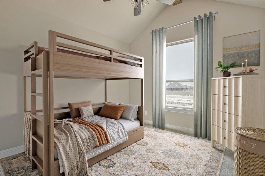 Carpeted bedroom featuring lofted ceiling and ceiling fan