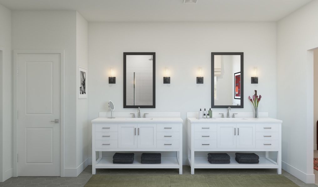 Primary bath with freestanding vanities Primary bath with freestanding vanities