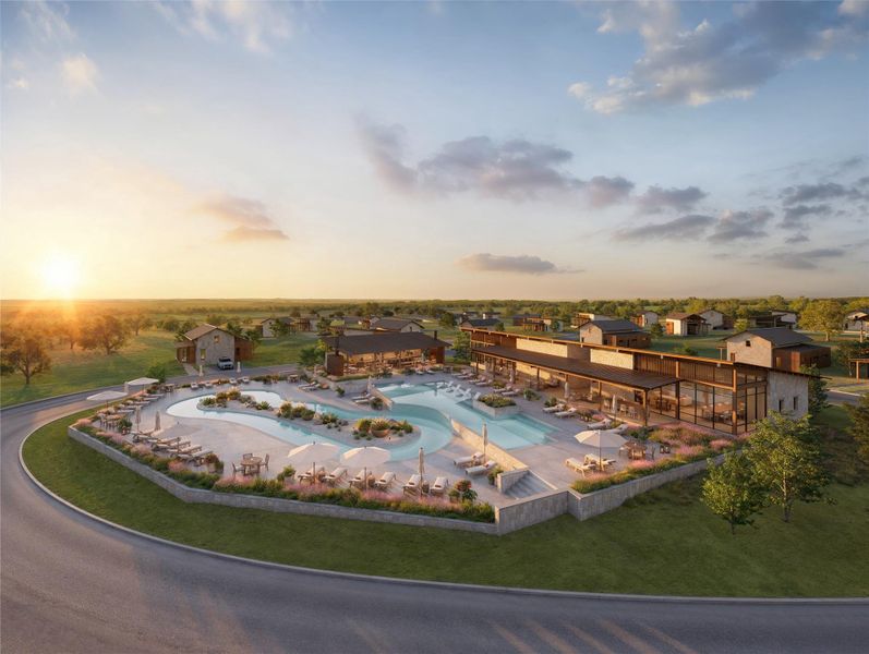 Resort-style amenity center and pool area designed for gathering, relaxation, and elevated Hill Country living with panoramic sunset views. Resort-style amenity center and pool area designed for gathering, relaxation, and elevated Hill Country living with panoramic sunset views.