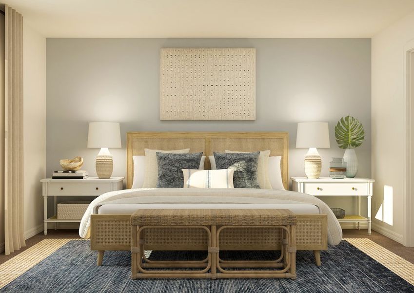 Thee master bedroom furnished with a large white bed and two white side tables. Thee master bedroom furnished with a large white bed and two white side tables.