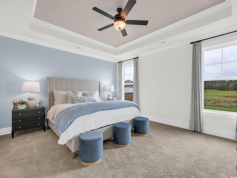 Bedroom with a tray ceiling, carpet flooring, and ceiling fan