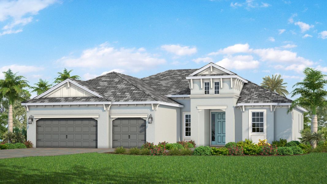 Front exterior of a new home in SkySail Real Estate and Homes for Sale in Naples, FL - Neal Communities, Naples, FL, highlighting curb appeal (Image 23). Front exterior of a new home in SkySail Real Estate and Homes for Sale in Naples, FL - Neal Communities, Naples, FL, highlighting curb appeal (Image 23).