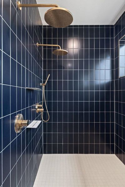 Modern shower with sleek dark tiling and elegant brass fixtures for a luxurious bathing experience.