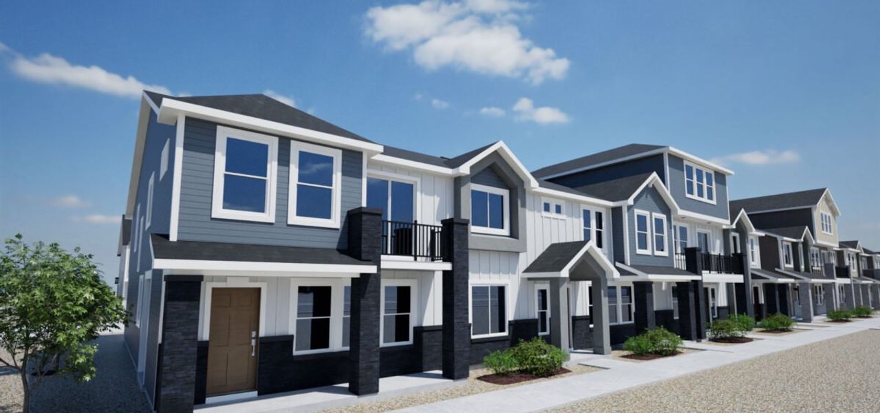Front exterior of a new home in Reunion, Commerce City, CO, highlighting curb appeal (Image 1). Front exterior of a new home in Reunion, Commerce City, CO, highlighting curb appeal (Image 1).