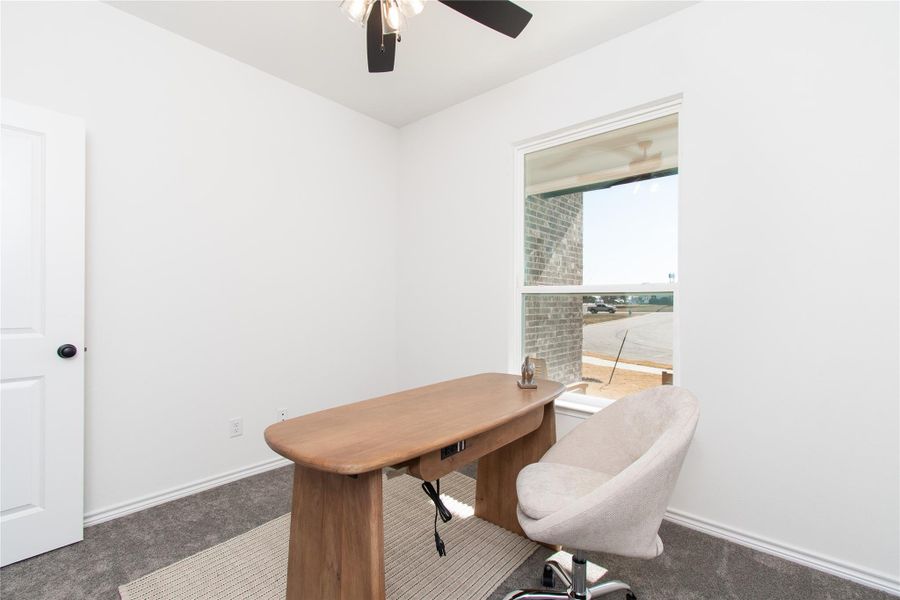 Office area with carpet floors and a ceiling fan