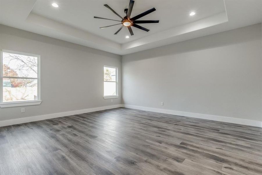 Unfurnished room featuring a raised ceiling, ceiling fan, and wood-type flooring