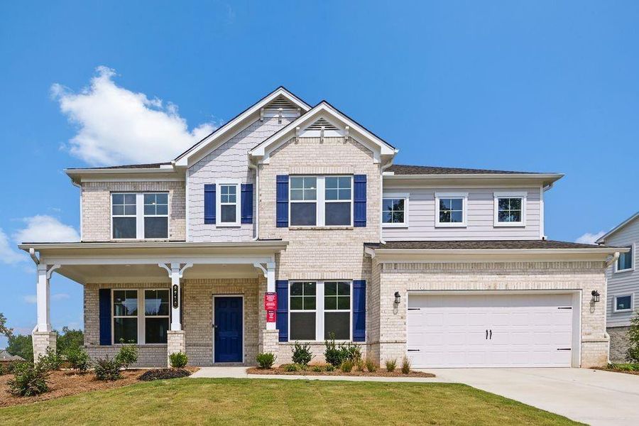 Front exterior of a new home in Stratford Hills, Ball Ground, GA, highlighting curb appeal (Image 1).