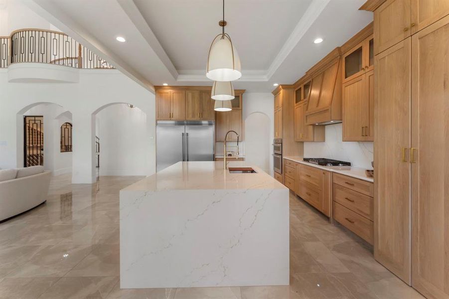 Another view of the exceptional kitchen. Notice the pot drawers and recessed ceiling.