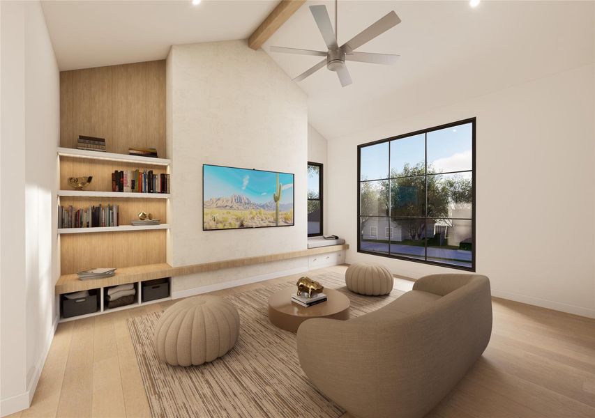 Bathed in natural light from expansive picture windows, this vaulted living space feels both serene and architectural. A floating bench with integrated storage, custom shelving, and a textured feature wall create a refined focal point designed for gathering and unwinding. Bathed in natural light from expansive picture windows, this vaulted living space feels both serene and architectural. A floating bench with integrated storage, custom shelving, and a textured feature wall create a refined focal point designed for gathering and unwinding.