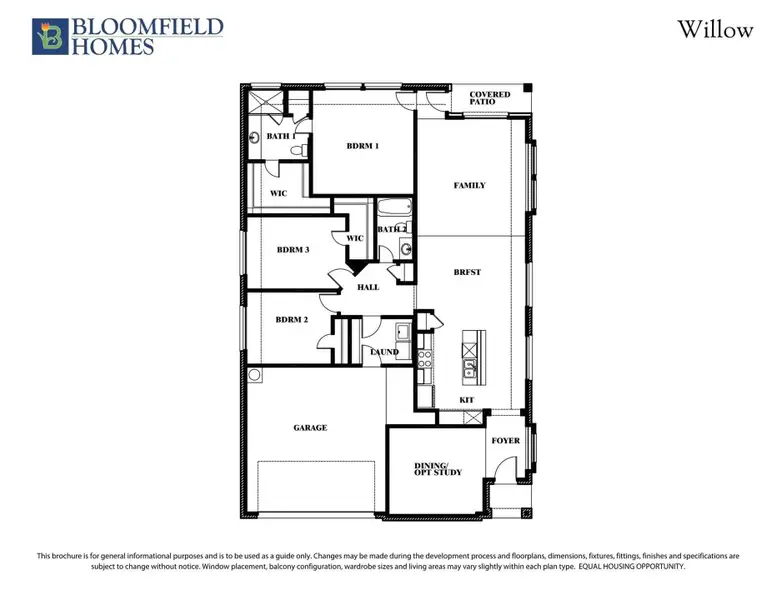 Bloomfield Homes Willow floor plan with 3 bedrooms, 2 bathrooms, family room, kitchen, and covered patio.
