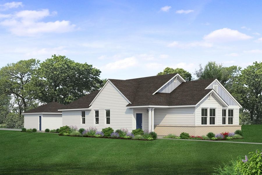 Rendering of one story white and blue home with blue door, light painted brick accent, and detached garage with sky and landscaping Rendering of one story white and blue home with blue door, light painted brick accent, and detached garage with sky and landscaping