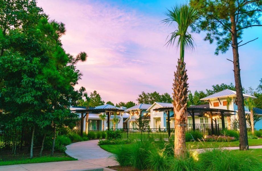 The Palm is Woodforest’s community clubhouse and social hub, featuring a beautifully designed event center, resident lounge, coffee bar, community kitchen, courtyard seating, event lawn, and a newly added fitness center. Located near Forest Island, it serves as the center for resident events, wellness activities, and social gatherings that help foster Woodforest’s strong sense of community.