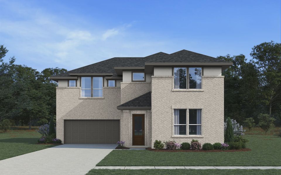 Representative exterior photo of a completed home built from the Virginia by Chesmar Homes in The Courtyards at Trinity Falls, McKinney, TX (Image 7). Representative exterior photo of a completed home built from the Virginia by Chesmar Homes in The Courtyards at Trinity Falls, McKinney, TX (Image 7).