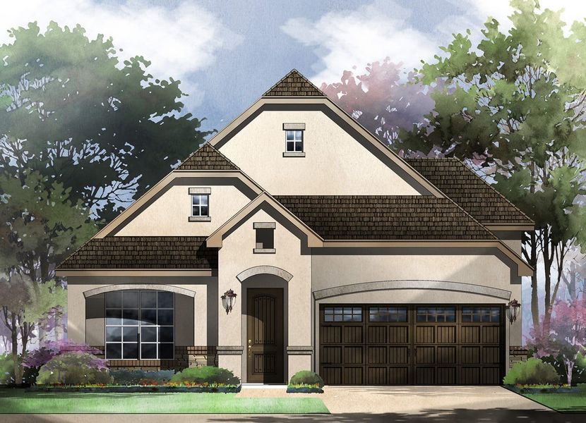 Front exterior rendering of the Monza garden home in Davis Ranch, San Antonio Front exterior rendering of the Monza garden home in Davis Ranch, San Antonio