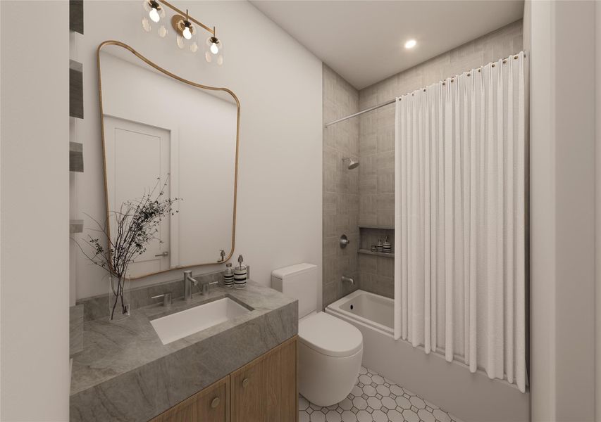 Clean lines meet tactile finishes in this thoughtfully curated bathroom. A tailored hex mosaic floor grounds the room, while layered neutrals, satin fixtures, and a custom vanity composition create a calming backdrop for slow mornings and unhurried evenings. Clean lines meet tactile finishes in this thoughtfully curated bathroom. A tailored hex mosaic floor grounds the room, while layered neutrals, satin fixtures, and a custom vanity composition create a calming backdrop for slow mornings and unhurried evenings.