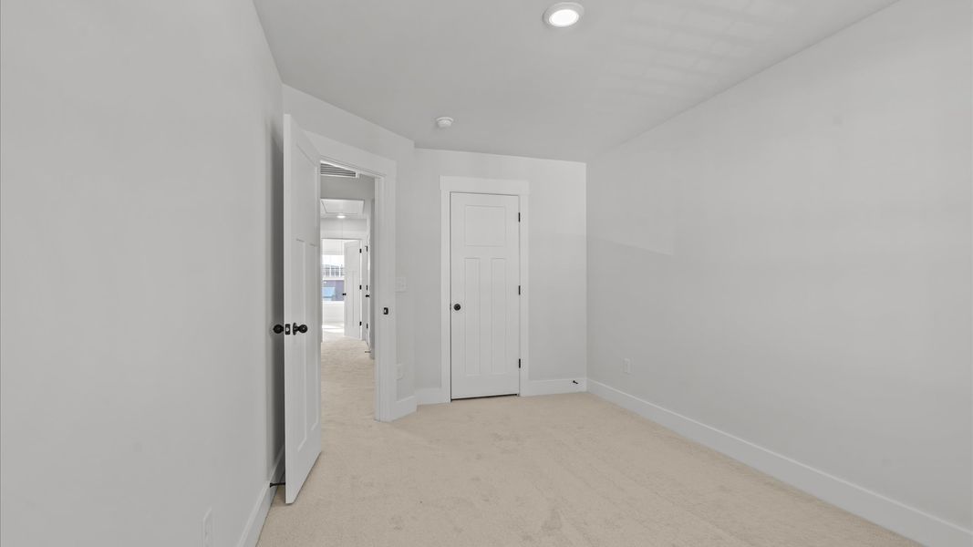 Accomplished bedroom layout with cozy carpet, a spacious walk-in closet, and sun-filled windows
