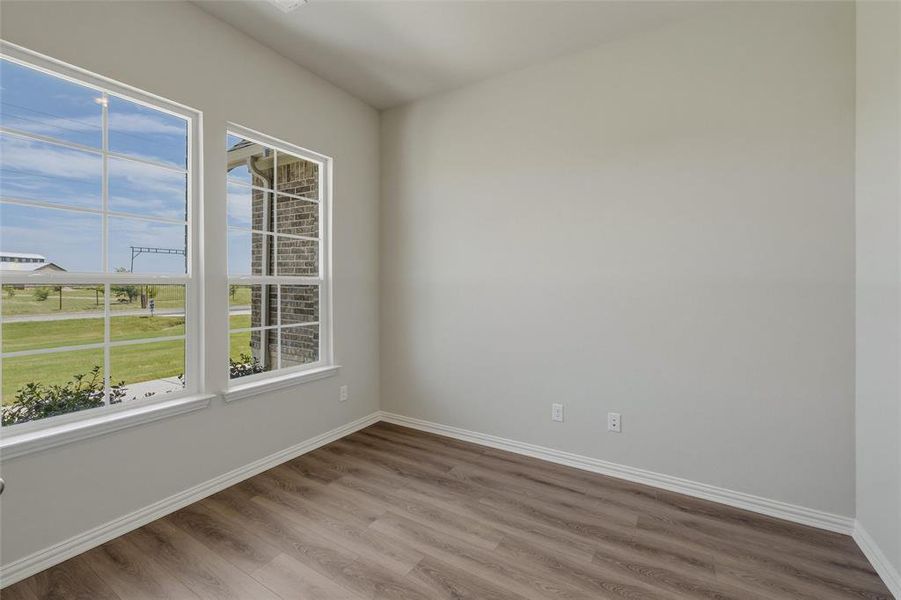 Room with wood-finish flooring, light gray walls, and white trim Room with wood-finish flooring, light gray walls, and white trim