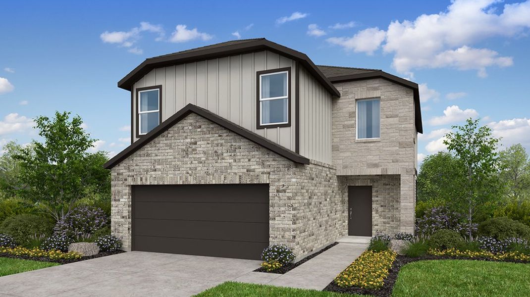 Representative exterior photo of a completed home built from the Kestrel by Taylor Morrison in Sunfield, Mustang Ridge, TX (Image 22). Representative exterior photo of a completed home built from the Kestrel by Taylor Morrison in Sunfield, Mustang Ridge, TX (Image 22).