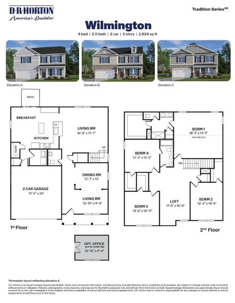 2D floor plan layout for the WILMINGTON by D.R. Horton in Martin Farms, Aberdeen, NC (Image 3).