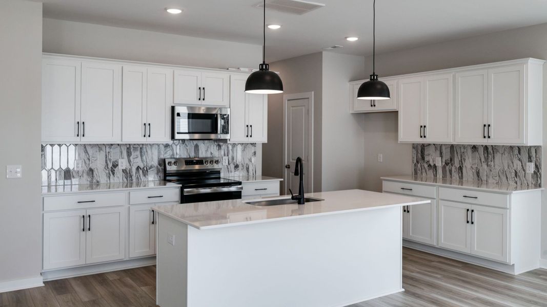 Elevated kitchen with island and various cabinets for storage