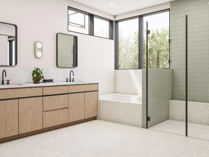 Contemporary bathroom featuring a light wood-finish double vanity with stone countertops and matte black fixtures