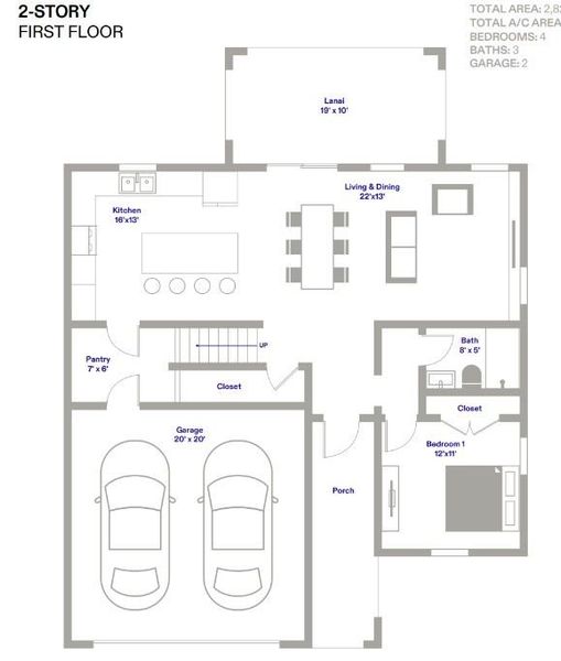 2D floor plan layout for the Model 2 Story by Onx Homes in On Villa Pass, Mascotte, FL (Image 5).