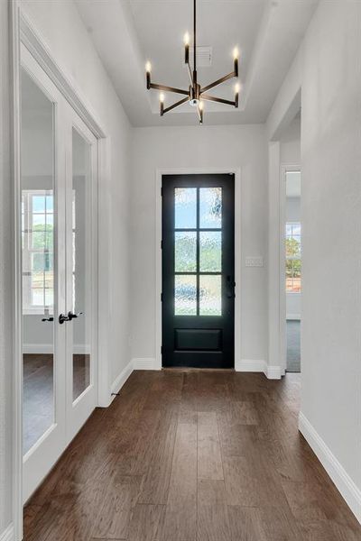 Foyer featuring plenty of natural light, dark wood-type flooring, and french doors