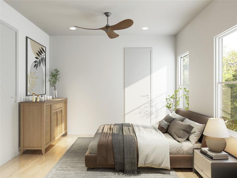 This is a bright, modern bedroom featuring large windows, a ceiling fan, and contemporary furnishings. The room has neutral tones and wooden accents, creating a serene atmosphere.