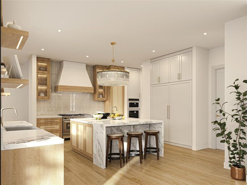 Contemporary kitchen featuring a waterfall island with stone countertop, stainless steel range, custom range hood, recessed lighting, and wood-finish flooring