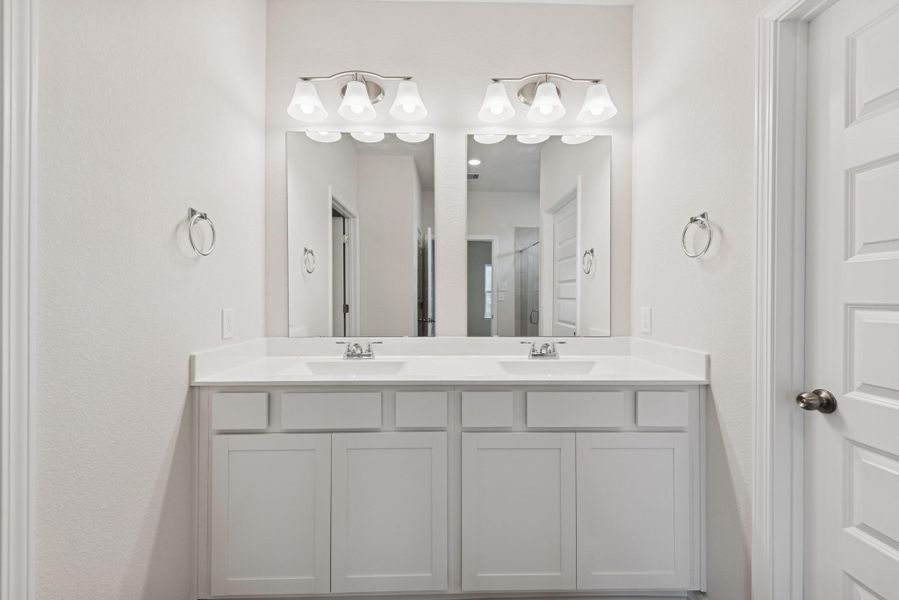 The Cardinal II- Primary Bathroom with Dual Vanities. Photos of home shown are for illustration only; actual features, colors, and upgrades may vary. The Cardinal II- Primary Bathroom with Dual Vanities. Photos of home shown are for illustration only; actual features, colors, and upgrades may vary.