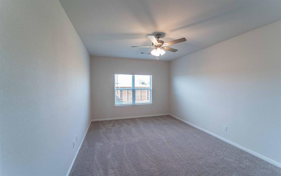 Carpeted room with a ceiling fan light fixture