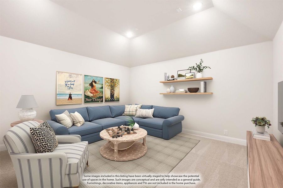 Living room with blue sectional sofa, floating wood shelves, and framed wall art on carpet flooring
