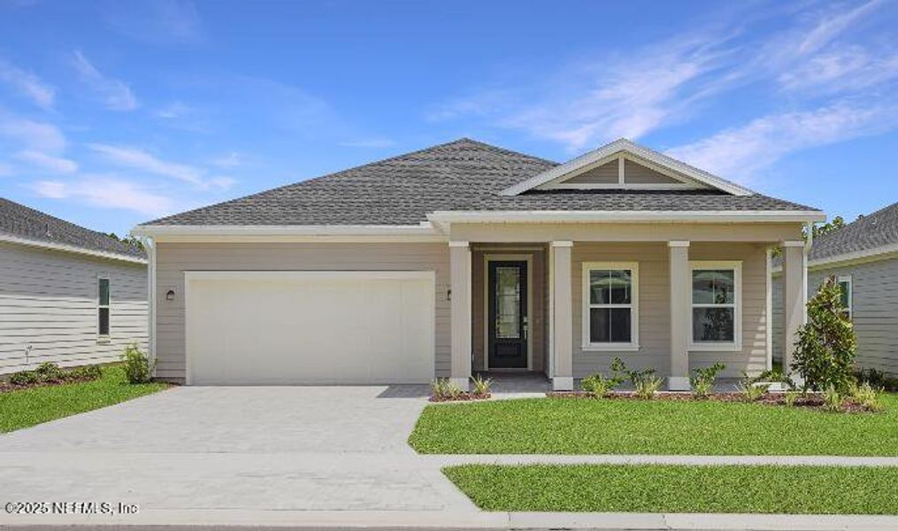 Front exterior of a new home in Silver Falls Single Family at SilverLeaf: Silver Falls 50s at SilverLeaf, St. Augustine, FL, highlighting curb appeal (Image 1).
