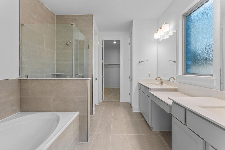 Primary Bath retreat with dual vanities, garden tub & walk-in shower