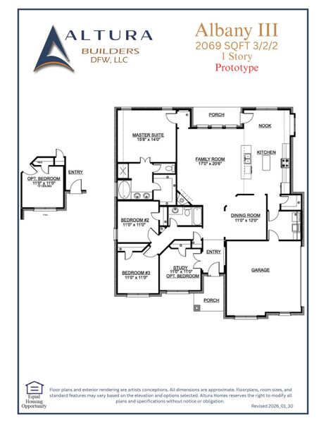 2D floor plan layout for the Albany III by Altura Homes in Mallard Point, Greenville, TX (Image 3).