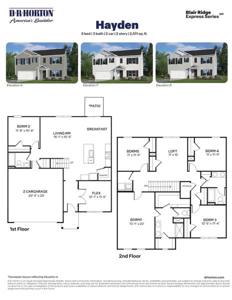 2D floor plan layout for the Hayden by D.R. Horton in Blair Ridge, La Grange, NC (Image 3).