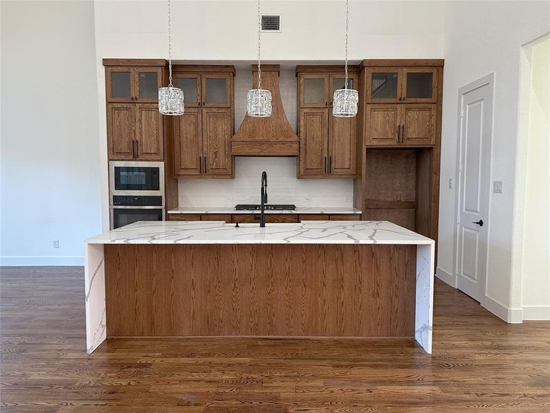 Kitchen with premium range hood, stainless steel appliances, an island with sink, and light stone counters