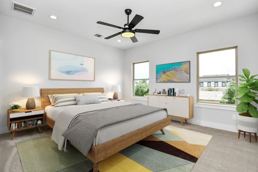 The generously sized 13'11"x12'8" primary bedroom offers beautiful views, recessed lighting and a designer fanlight ceiling fixture which matches those found throughout the home for design consistency! Photo virtually staged. The generously sized 13'11"x12'8" primary bedroom offers beautiful views, recessed lighting and a designer fanlight ceiling fixture which matches those found throughout the home for design consistency! Photo virtually staged.