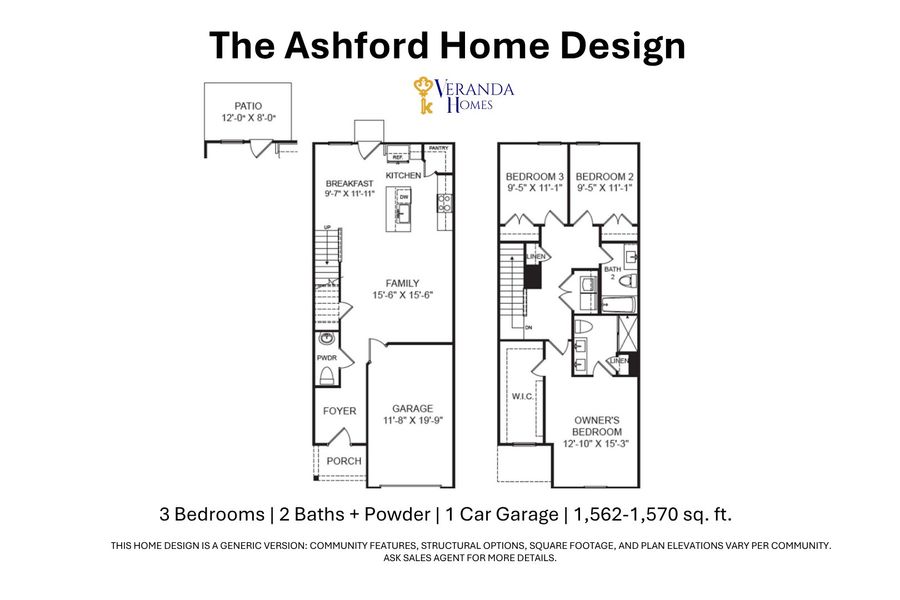 2D floor plan layout for the Ashford Townhome by Veranda Homes in The Falls, Blythewood, SC (Image 3).