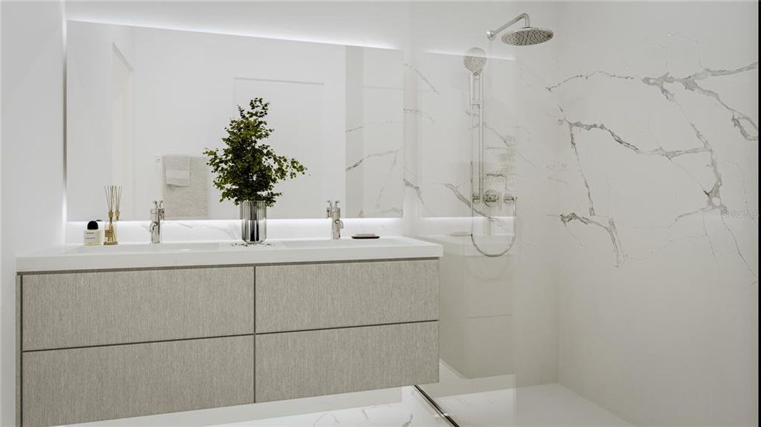 Floating flat-panel vanities with glass shower enclosures in all bedrooms.