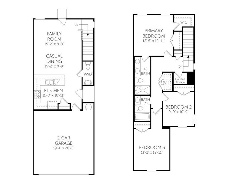 2D floor plan layout for the Watercrest - Townhomes by Dream Finders Homes in The Townhomes at Gateway Commons, Holly Ridge, NC (Image 3). 2D floor plan layout for the Watercrest - Townhomes by Dream Finders Homes in The Townhomes at Gateway Commons, Holly Ridge, NC (Image 3).
